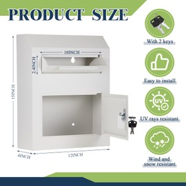 Yaocom Key Lock Mailboxes for Outside Locking Wall Mount Mailbox Security Key Drop Collection Boxes for Home Business Rent Payments, Mail, Keys, Cash, Checks 15 x 12 x 4 Inches(White)