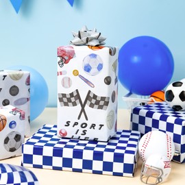 Merture Reversible Wrapping Paper Roll Sports Themed - 17 In X 16.4 Ft(23.3 sqft) - Ball Design Gift Wrap Paper for Birthday Baby Shower Holiday Party Celebration