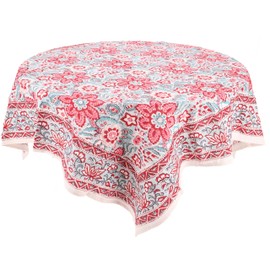 GURU SHOP Square Tablecloth, Handmade, Block Print Tablecloth - Red/Aqua, Cotton, 107 x 107 x 0.3 cm, Table Runner, Tablecloths