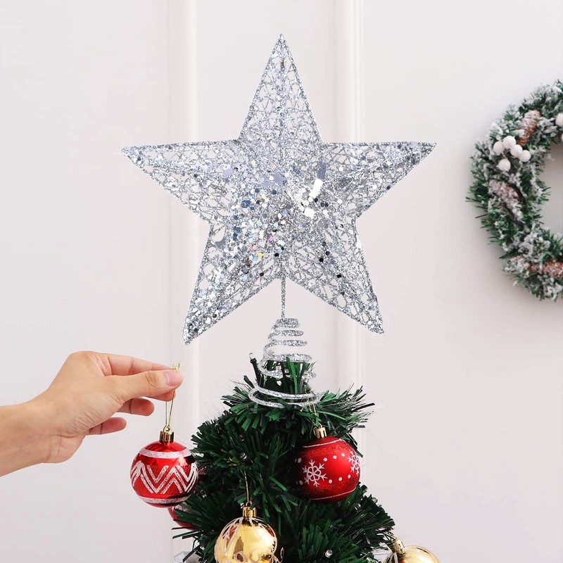 KEYIDO Silver Tree Star Christmas Tree Topper Metal Christmas Tree