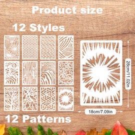 12pcs Reusable Stencils for Crafts, 11x7in Mixed Media Texture Stencil for Painting on Wood Wall Brick Tree Spider Web Layered Art Templates for Spray Paint DIY Card Craft