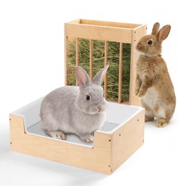 Essenhome Extra-Large 2-in-1 Rabbit Litter Box & Hay Feeder Set, Wood, Mess Proof, for Guinea Pigs, Chinchillas, Hamsters, and Rabbits
