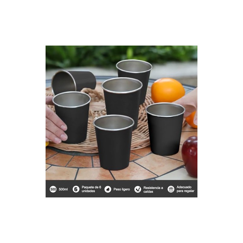 Vasos de Acero Inoxidable 500ml 6PCS, Taza Termica FríoCaliente Negro