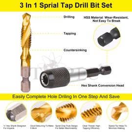 TOPEC Tap Bit Set, 3-in-1 HSS Titanium Coated Combination Drill and Tap Set for Drilling, Tapping and Countersinking, SAE/Metric Threading Drill bit Kit with Quick-Change Adapter, 13-Piece