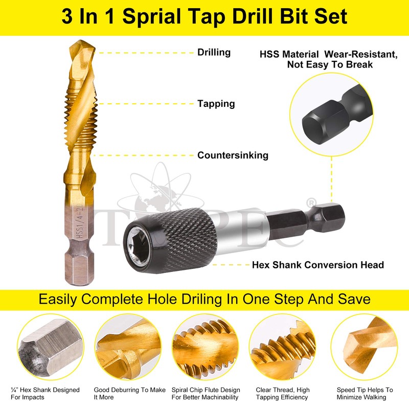 TOPEC Tap Bit Set, 3-in-1 HSS Titanium Coated Combination Drill