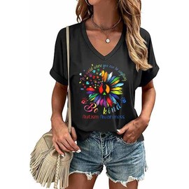 Autism Awareness Shirts for Women V Neck Accept Understand Love Graphic Shirts Autism Accept Be Kind Tops Tee(ZBZ-Black01,Small)