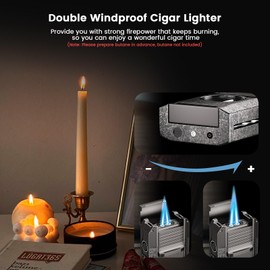 5-in-1 Torch Lighter with Cutter, Punch, Draw Enhancer and Dual Windproof Jet Flame, Accessories Gifts for Men, Refillable Butane Lighter Set for Candles, Outdoor Travel (Butane not Included)