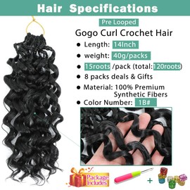 New Gogo Curl Crochet Hair Pre Looped 8 Packs Pre Twisted Curly Crochet Hair for Black Women Beach Curl Wave Crochet Synthetic Hair Extensions (14 Inch (Pack of 8) 1B#）