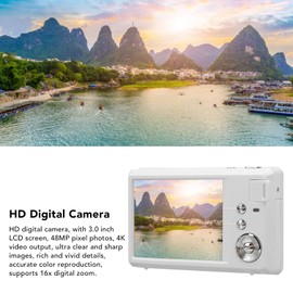 Yunseity Cámara Digital, Cámara de Video 4K con Zoom de 16X y 48MP con Pantalla LCD de 3 Pulgadas, Cámara Compacta Antivibración con Luz de Relleno y Batería de Larga Duración, para (Blanco)