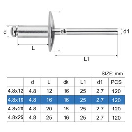 TXXATX 4.8 x 16 mm Blind Rivets with Large Flange Pack of 120 Dome Head Pop Rivets Silver Blind Rivets 4.8 mm Aluminium Rivets for Woodworking Furniture Sheet Motor Vehicles Mechanical Equipment