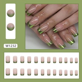 Green Aurora French Tip Press on Nails Square Medium Fake Nails Nude Full Cover False Nails Acrylic Stick on Nails Reusable Artificial Nails Glue on Nails for Women Nail Art Decorations 24Pcs