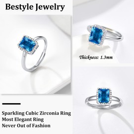 Bestyle CZ Square Diamond Rings 5mm December Blue Topaz Birthstone Solitaire Rings, 925 Sterling Silver Rings Jewelry Gift for Wedding Anniversary Birthday