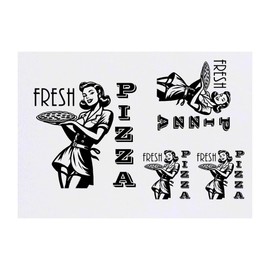 4 x 'Retro Pizza Girl' Temporary Tattoos - Water Resistant, Skin-Safe, Non-Toxic Transfers, Mixed Sizes (TO00085442)
