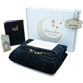 Modefa Luxury Velvet Islamic Prayer Rug - Muslim Janamaz Sejadah 5 Piece Ramadan Gift Set (Black)