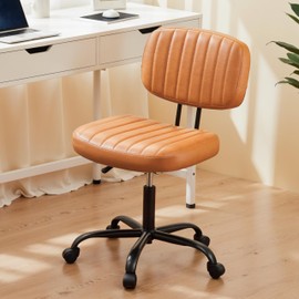Simple Deluxe Small Office Desk Chair with Wheels, Armless Office Chair Low Back Lumbar Support, PU Leather Computer Task Swivel Vanity Rolling Chair No Arms for Small Space, Home, Brown