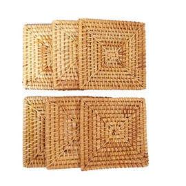 Handmade Square Rattan Drink Coaster-Rustic Style Decor Coaster for Dinning Room or Living Room-Set of 6