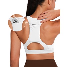 QUEENIEKE Sports Bras for Women Racerback Medium Support Workout Yoga Bra with Pocket (White, L)