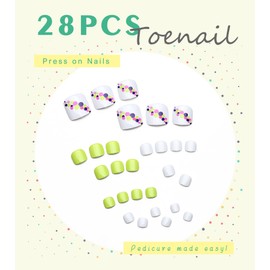 Aegenacess 28pcs Toenail Press on Summer Fake Toe Nails Press ons False Nail Tips Beach Short Pedicure Kit for Women (White Yellow Mixed Dots)