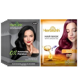 Herbishh Travel Pack Champú de tinte para el cabello en bolsita + 1 bolsa de mascarilla capilar de argán (negro, 5 bolsita)