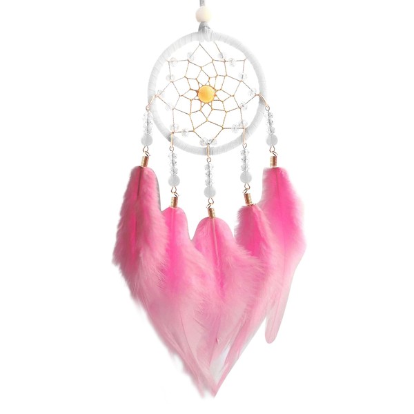 Dream Catcher with Feathers Handmade Woven Dream Catchers Ornaments for Girl Gift Romantic Art Dreamcatcher with Beads for Wall Hanging Home Children Bedroom Decoration Craft (pink)