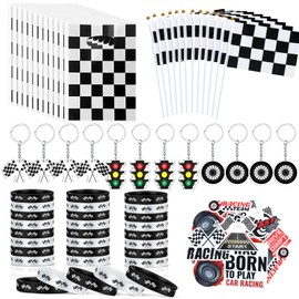 Meooeck 120 Pcs Checkered Flag Party Decorations Race Car Party Decorations with Black White Checkered Flag Car Bag Keychain Bracelet Sticker Kit for Race Car Birthday Supplies Sport Event Decoration