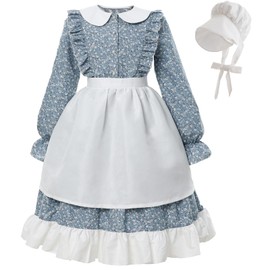 FCCAM Prairie Dresses for Girls Pioneer Costume 19th Century Long Sleeves Colonial Dress Blue XL age over 4 years old