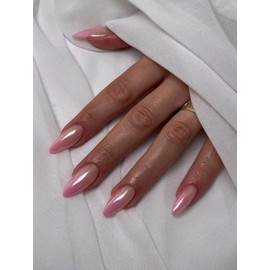 24-Piece Press On Nails Set, Medium Almond French Tips with Silver Glitter and Stars, Pink Nude, Includes Nail Glue and File (Pink Ombre Pearl Chrome Press-On Nails, Almond Shape, 24 Pieces)