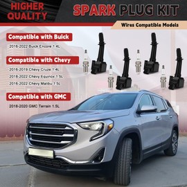 Set of 4 Ignition Coil Pack Spark Plug Compatible with Chevy Cruze Malibu Equinox Buick Encore GMC Terrain, 1.4 1.5 L4 Coils Spark Plugs, Replaces OE# UF802, 91970