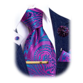 YourTies Purple Blue Tie for Men Silk Paisley Necktie Pocket Square Cufflinks Tie Clip Lapel Pin Set Wedding Business