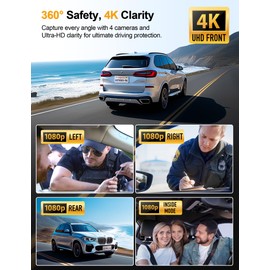 KEYROO 360° View 4 Channel Dash Cam, 4K Front and Rear Inside Left Right, Built-in GPS & 5.8G WiFi App Control, Dash Camera for Cars, 24/7 Parking Mode, G-Sensor, IR Night Vision, Free 128GB Card