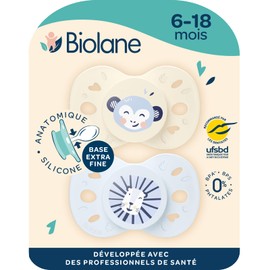 BIOLANE Anatomical Teat for Animals - Extra Fine Pacifiers 6-18 Months - Blue/Beige - Flat and Reversible Nipple - Optimal Comfort - Respect for Mouth Development, Safe and Durable