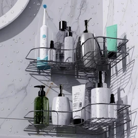 Moonlit Pond Corner Shower Caddy, 2 Pack Adhesive Shower Corner Organizer Shelves, No Drilling Stainless Steel Shower Storage Rack with Hooks&Toothpaste Holder for Bathroom, Dorm and Kitchen, Black