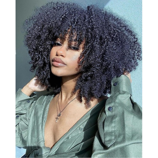 Human Hair Wig, Afro Kinky Curly Human Hair Wig with Bang for Women, None Lace Human Hair Wig, Glueless, 180% Density, Small Curly Human Hair Wigs for Black Women, Afro Wig, 16 Inch (40.5 cm)