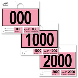 3000 Automotive 3 Part Service Dispatch Numbers Mirror Hang Tags Numbered 000, 1000, 2000 RL78 Style Color Coded Pink Service Dispatch Numbers with 1.25” Slotted Hang Tag Cutout
