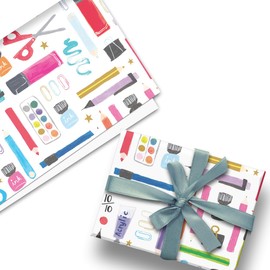 Glick Luxury Flat Wrap: Three Sheets of 'Thanks Teacher' Arts & Crafts Themed Wrapping Paper, Perfect for Expressing your Thanks to your Favourite Teacher, Each Sheet is 70 x 50 cm Open, Multicoloured