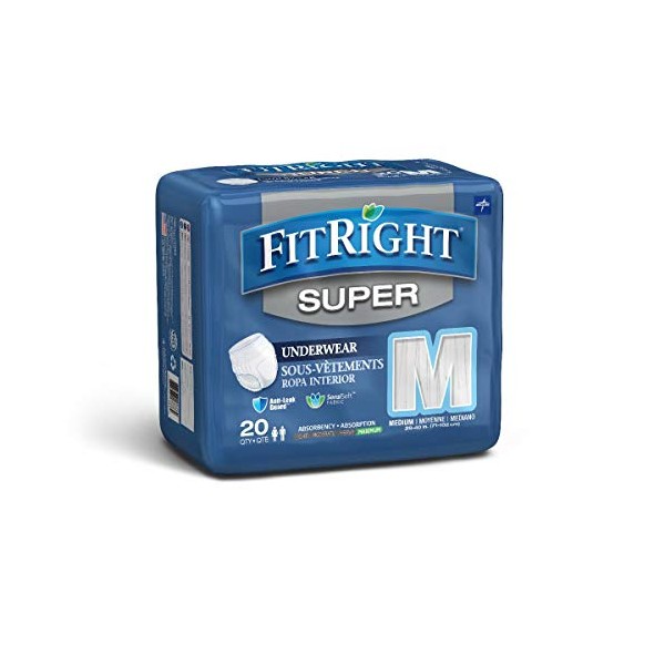 FitRight Super Adult Incontinence Underwear, Maximum Absorbency, Medium, 28-40, 4 Packs of 20 (80 Total)