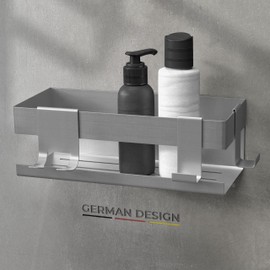 husman Shower Shelf No Drilling | Brushed Stainless Steel | with Drain Grooves & 3 Hooks | Glue Instead of Drilling | Shower Basket Wall Shelf Shower Shelf Bathroom Shelf Decorative Bathroom Organiser Shelf for Bathroom and Kitchen