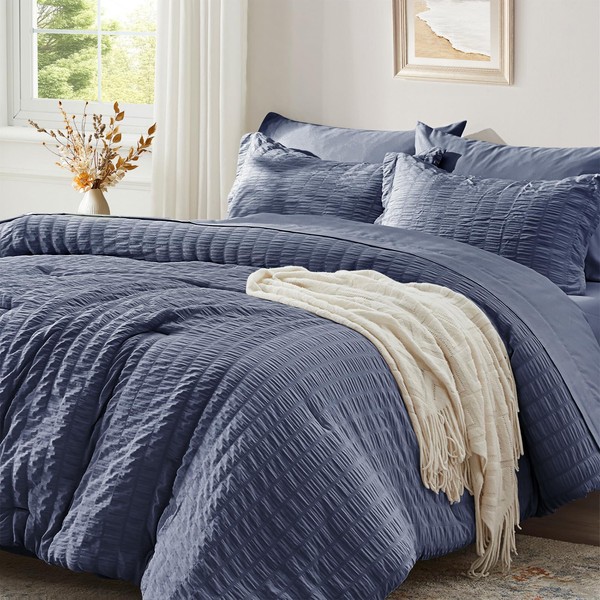 Zzlpp Full Comforter Set 7 pieces, Greyish Blue Seersucker Bedding