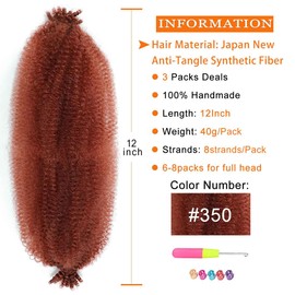 Ginger Afro Twist Hair 12 Inch Marley Braids Hair 350 Springy Afro Twist Wrapping Hair for Soft Locs Afro Kinky Curly Hair Extensions (12 Inch (Pack of 3), 350#)