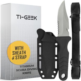 TI GEEK - Cuchillo de hoja fija de titanio para buceo con funda y correas, funda en buceadores BCD, muslo/pierna, hebilla de cinturón GC o muñeca, corte, borde dentado y cortador de línea (punto de