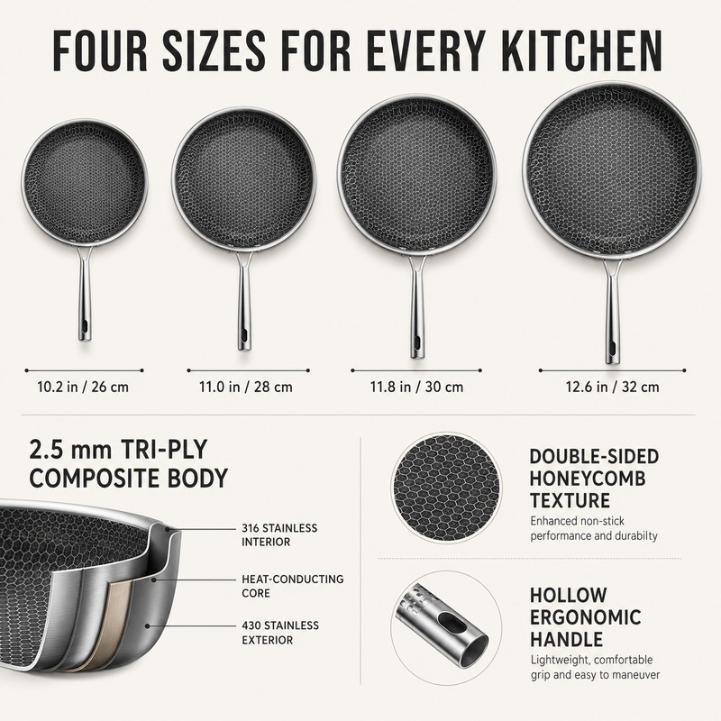 316 Stainless Steel Honeycomb Wok Pan, Tri-Ply Skillet