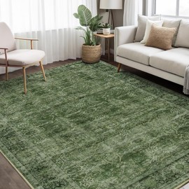 6x9 Green Washable Rug for Living Room Large Vintage Distressed Bedroom Rug Low Pile Non-Slip Soft Boho Carpets for Bedroom Dining Room Home Office Indoor Nursery