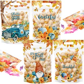 60pcs Thanksgiving Plastic Resealable Treat Bags,Maple Leaves Pumpkin Candy Gift Bag with Handle,Fall Goodie Seal Bags for Autumn Harvest Party Favors Decorations Supplies,9X6inch (Blue Orange)