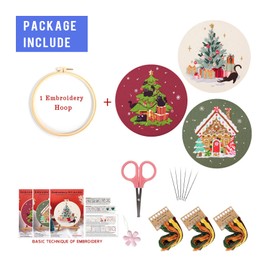 WEENEO Christmas Tree Embroidery Kit for Beginners Adults Black Cat Cross Stitch Kits Funny Hand Embroidery with Xmas Pattern and Embroidery Hoop,Threads and Needles,3 Embroidery Set DIY Kits