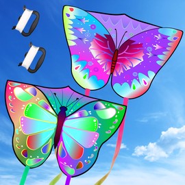 Lubibi Butterfly Kites for Girls, 2 Packs Kites with Long Tail and 100M Line, Kite for Beginners Outdoor Sport Game Activities, Easy to Fly Kites Beach Games Great Gift for Girls Age 3 4 5 6 and Up