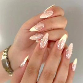 24Pcs Chrome Press on Nails Medium Almond Fake Nails Yellow French Tips Glue on Nails Full Cover 3D Line Design Stiletto Acrylic False Nails Rhinestones Stick on Nails Nude Artificial Nails for Women