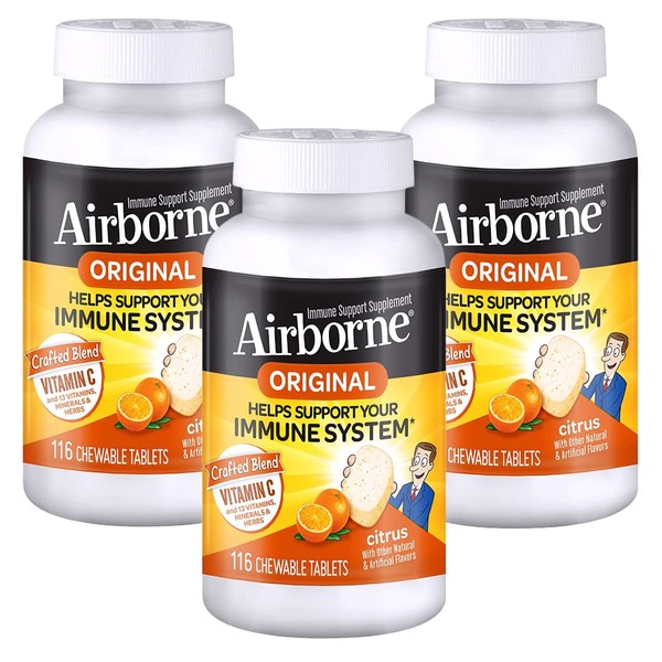 Airborne Citrus Chewable Tablets 1000mg of Vitamin C - Immune Support Supplement 116 ea (Pack of 3)