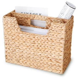 Wicker Magazine Basket, Water Hyacinth Magazine Holder Rattan Newspaper Rack Skinny Wicker Basket for Books & Files, Chi An Home Divided Hyacinth Basket With Handle (Medium)