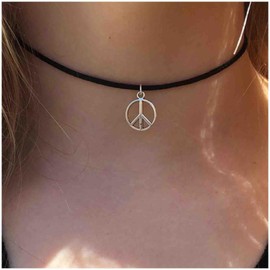 Cimenexe Bohemian Peace Pendant Necklace Black Leather Choker Necklace Peace Sign Symbol Necklace Vintage Circle of Peace Necklace Choker Hippie Necklace Jewellery for Women and Girls