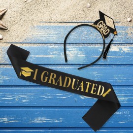 Unbranded Gold Letter I GRADUATED Sash with Free Hairpin Crown /Graduation Party Supplies - Black, 2PCS